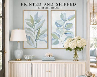 Blue Botanical Wall Art Set of 2, Leaf Prints, Coastal Wall Decor, Organic Modern Botanical Art, PRINTED WALL ART