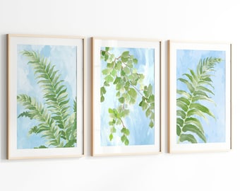 Blue Green Botanical Wall Art Set of 3, Coastal Fern Prints, Cottage Printable Decor