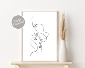 Couple Line Drawing, Minimal Wall Art, Face Line Art, Couple Art Print, Anniversary Gift, Kiss Print, Couple Print Wall Decor, Printable Art