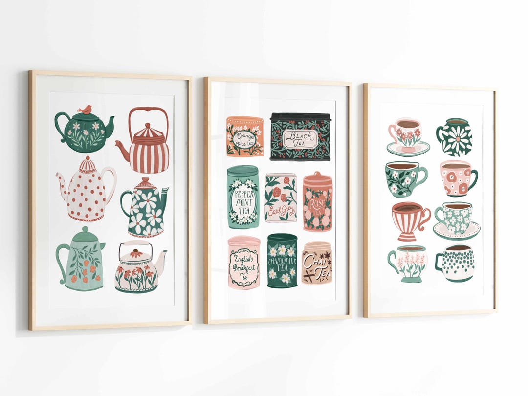for the tea kitchen print | unique wall art from... Tea Cup Wall Art Set of 3 Prints, Vintage Tea Tin Poster, Kitchen Decor ...