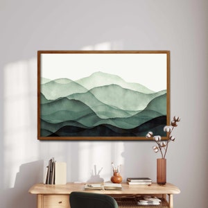 Green Mountain Wall Art, Watercolor Painting Abstract Mountain Print, Landscape Print, Modern Home Decor, Printable Wall Art image 1