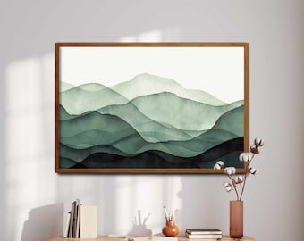 Green Mountain Wall Art, Watercolor Painting Abstract Mountain Print, Landscape Print, Modern Home Decor, Printable Wall Art
