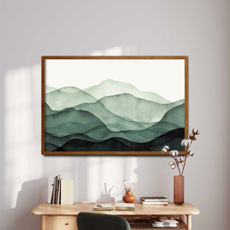 Green Mountain Wall Art, Watercolor Painting Abstract Mountain Print, Landscape Print, Modern Home Decor, Printable Wall Art image 1