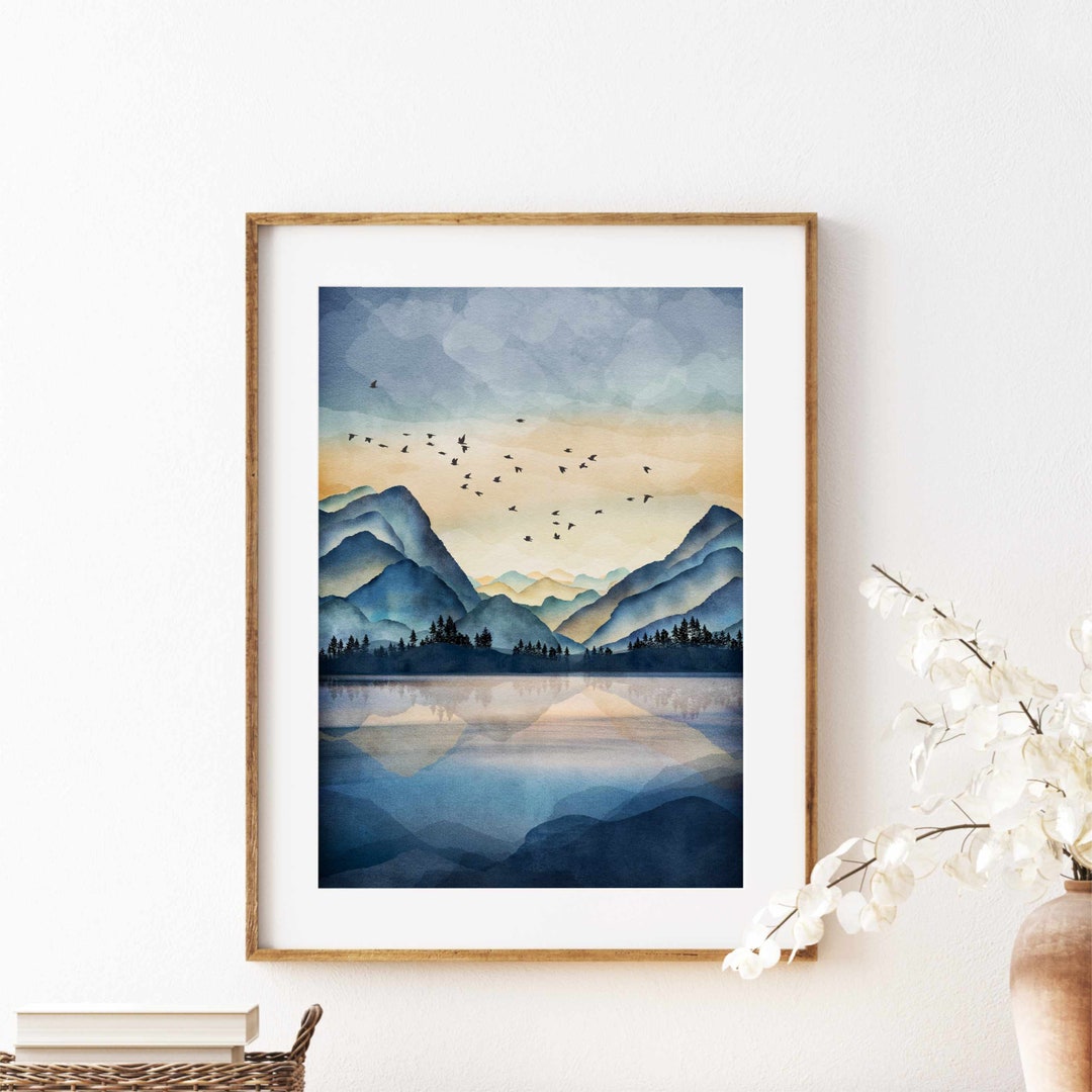 Blue Landscape Wall Art Mountain Art Print, Watercolor Mountain Print ...