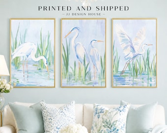 Coastal Bird Wall Art Set of 3, Blue Heron Prints, Beach House Decor, Coastal Gallery Wall, Printed Wall Art
