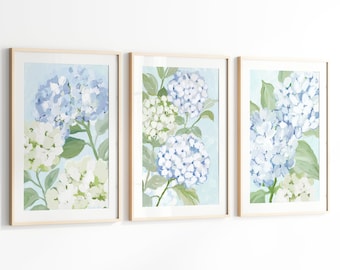 Blue Floral Wall Art Set of 3, Hydrangea Botanical Printable Art, Cottage Bedroom Decor, Pastel Flower Prints