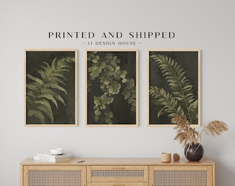 Moody Botanical Wall Art Set of 3, Dark Green Fern Prints, Vintage Botanical Decor