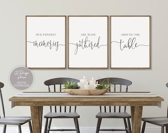 Kitchen Art Set of 3 Prints, Farmhouse Kitchen Decor, Dining Room Art Prints 3 Piece Wall Art, Memories Are Made Gathered Around Table
