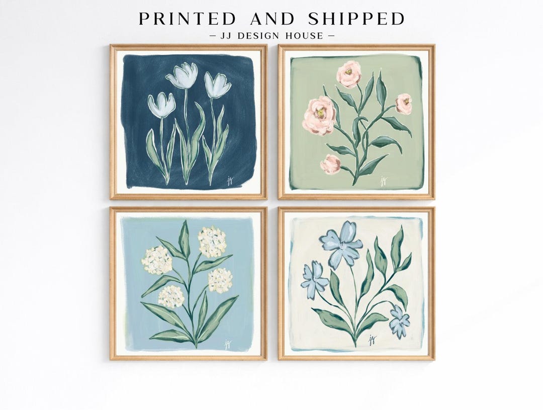 Set of 4 Floral Botanical Art Prints, Cottagecore Wall Decor, Girls Room Art