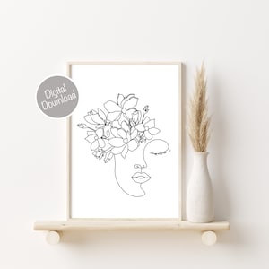 Single Line Art Frau mit Blumen, One Line Art Kopf der Blumen, Frau mit Blumen Wandkunst, Minimal Line Zeichnung, Schwarz Weiß Wandkunst