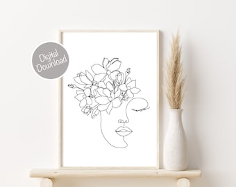 Single Line Art Woman With Flowers, One Line Art Head Of Flowers, Woman With Flowers Wall Art, Minimal Line Drawing, Black White Wall Art