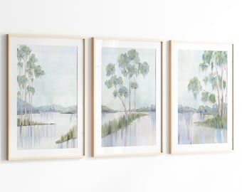 Coastal Landscape Wall Art Set of 3, Blue Lake Prints, Serene Nature Decor, Cottage Wall Art Printable Art