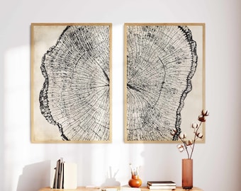 Grote muurkunst, boomringprint, abstracte muurkunst set van 2, afdrukbare muurkunst, neutrale muurkunst, moderne muurkunst, 2-delige muurkunst set