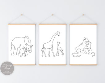 Black and White Baby Animal Prints for Nursery, Line Drawing Animal, Baby Animal Safari Prints, Nursery Safari Animal Prints, Elephant Art