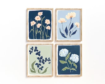 Blue Green Floral Wall Art Set of 4, Pastel Flower Prints, Grandmillenial Wall Decor, Printable Art, Nursery Room Decor