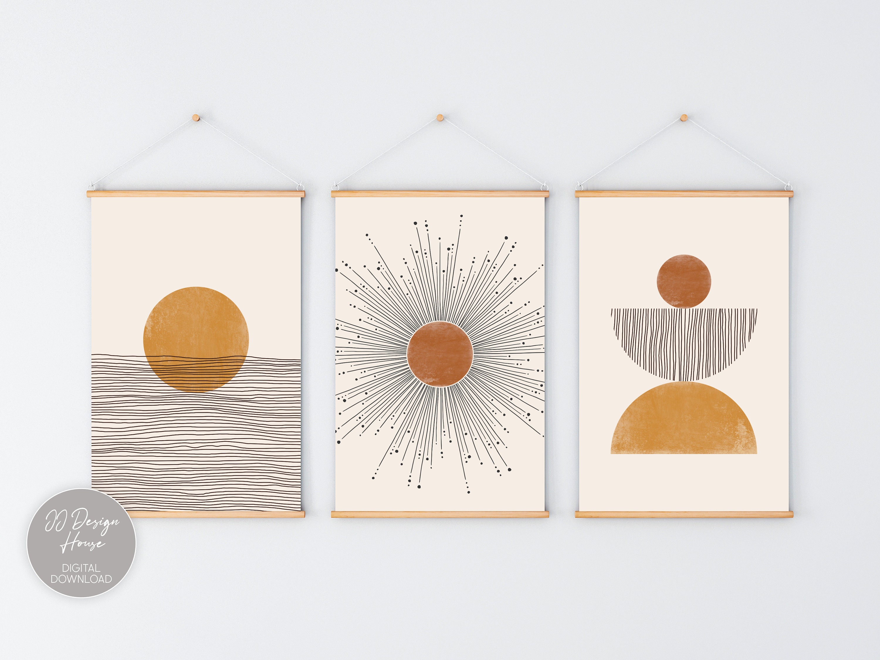 Buy Boho Art Set of 3 Prints, Abstract Gallery Wall Set, Abstract Sun ...