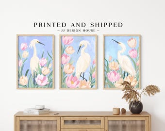 Pastel Bird Wall Art Set of 3, Floral Bird Prints, Colorful Cottage Decor, Blue Pink Wall Art, Printed Wall Art