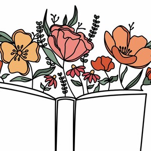 May include: An open book with a bouquet of flowers bursting out of it. The flowers are pink, orange, yellow, and red.