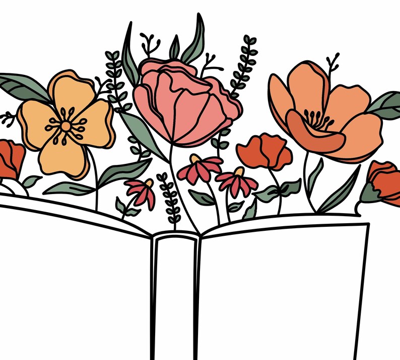 May include: An open book with a bouquet of flowers bursting out of it. The flowers are pink, orange, yellow, and red.