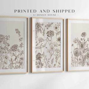 May include: Three framed botanical art prints. Each print features detailed line drawings of various flowers and foliage in shades of brown and beige. The text "PRINTED AND SHIPPED - JJ DESIGN HOUSE" is at the top.