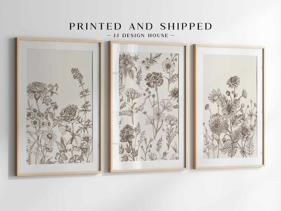 Brown Botanical Printed Wall Art Chinoiserie Wall Art, 3 Piece Wall Decor Minimalist Wall Art, Botanical Print Set