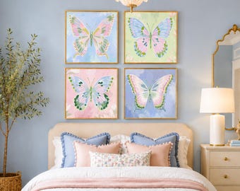 Butterfly Nursery Wall Art Set of 4, Pastel Butterfly Prints, Girls Room Decor, Printable Wall Art