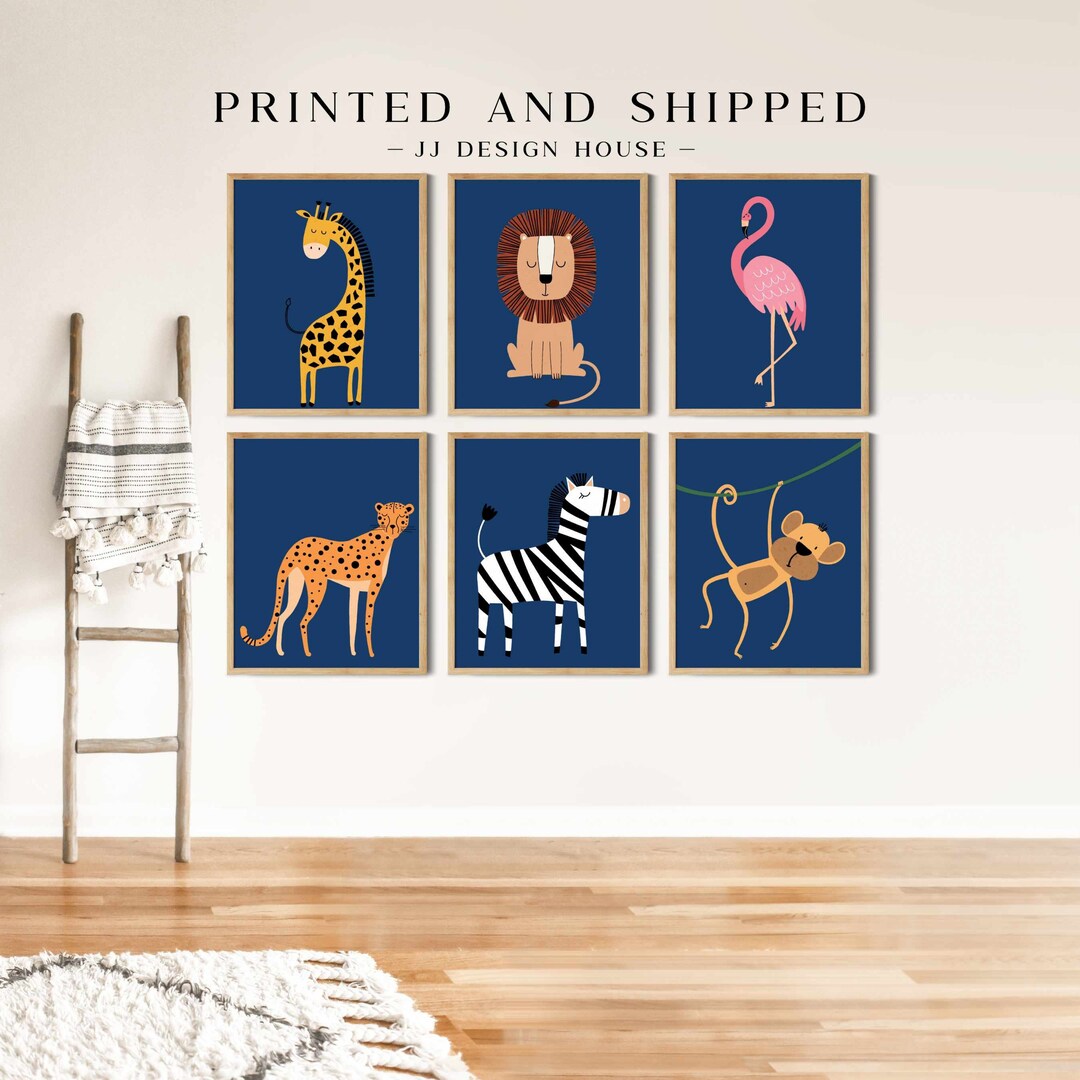 Safari Wall Art Set of 6 Prints, Navy Blue Wall Art, Safari Nursery ...