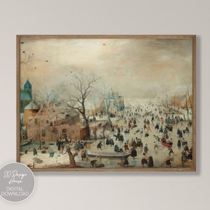 Vintage Ice skating Print, Winter Landscape Painting, Neutral Landscape Painting, Farmhouse Wall Decor, Printable Wall Art