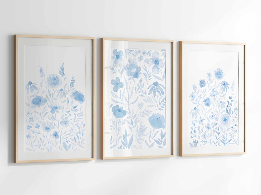 Blue Botanical Prints Set of 3 Watercolor Paintings, Blue Wall Art ...
