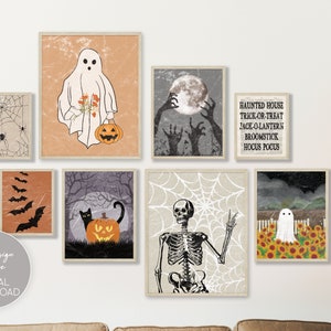 Vintage Halloween Prints Set of 8, Halloween Decor, Halloween Wall Art, Skeleton Prints, Spooky Decor Halloween Bundle Printable