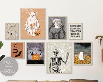 Vintage Halloween Prints Set of 8, Halloween Decor, Halloween Wall Art, Skeleton Prints, Spooky Decor Halloween Bundle Printable