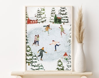 Impresión de patinaje sobre hielo en invierno: Arte mural navideño (descarga digital)