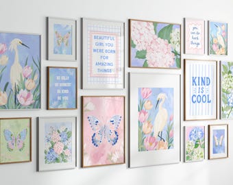 Girls Room Gallery Wall Set of 15, Pastel Kids Wall Art, Butterfly & Floral Prints, Printable Bedroom Decor