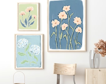 Blue Green Botanical Wall Art, 3 Piece Wall Decor Grandmillenial Wall Art, Botanical Print Set, Printable Wall Art Digital Art