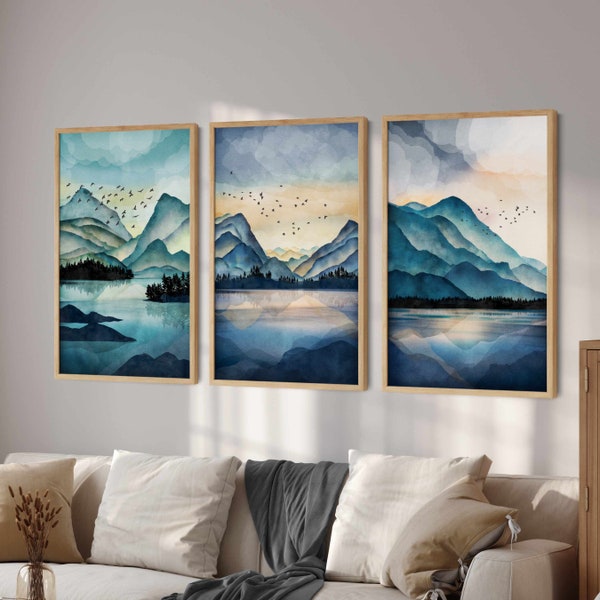 3 Piece Wall Art Abstract Mountain Wall Art, Landscape Print Set Gallery Wall Set, Watercolor Mountain Print, Modern Home Decor