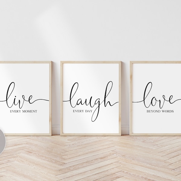 Live Laugh Love Prints, 3-delige kunst aan de muur, Quote Prints Set van 3, Esthetische Muur Decor, Live Laugh Love Sign, Boerderij Muur Decor