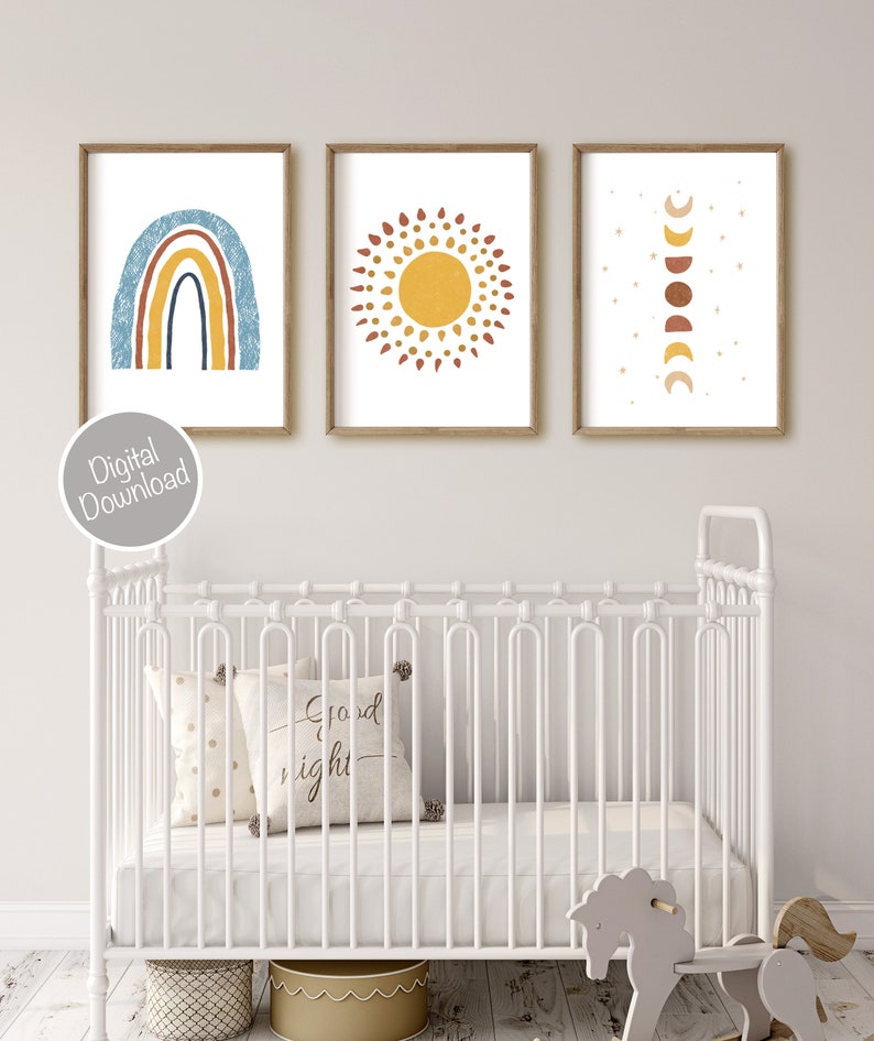 Boho Nursery Decor Set of 3 Girl Nursery Wall Decor Moon Etsy