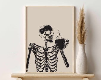 Szkielet Pijący Kawę Dekoracja Halloween, Szkielet Kawa Wydruk, Sztuka ścienna Halloween, Wydruk Szkieletu Halloween, Wydrukowana Sztuka Ścienna