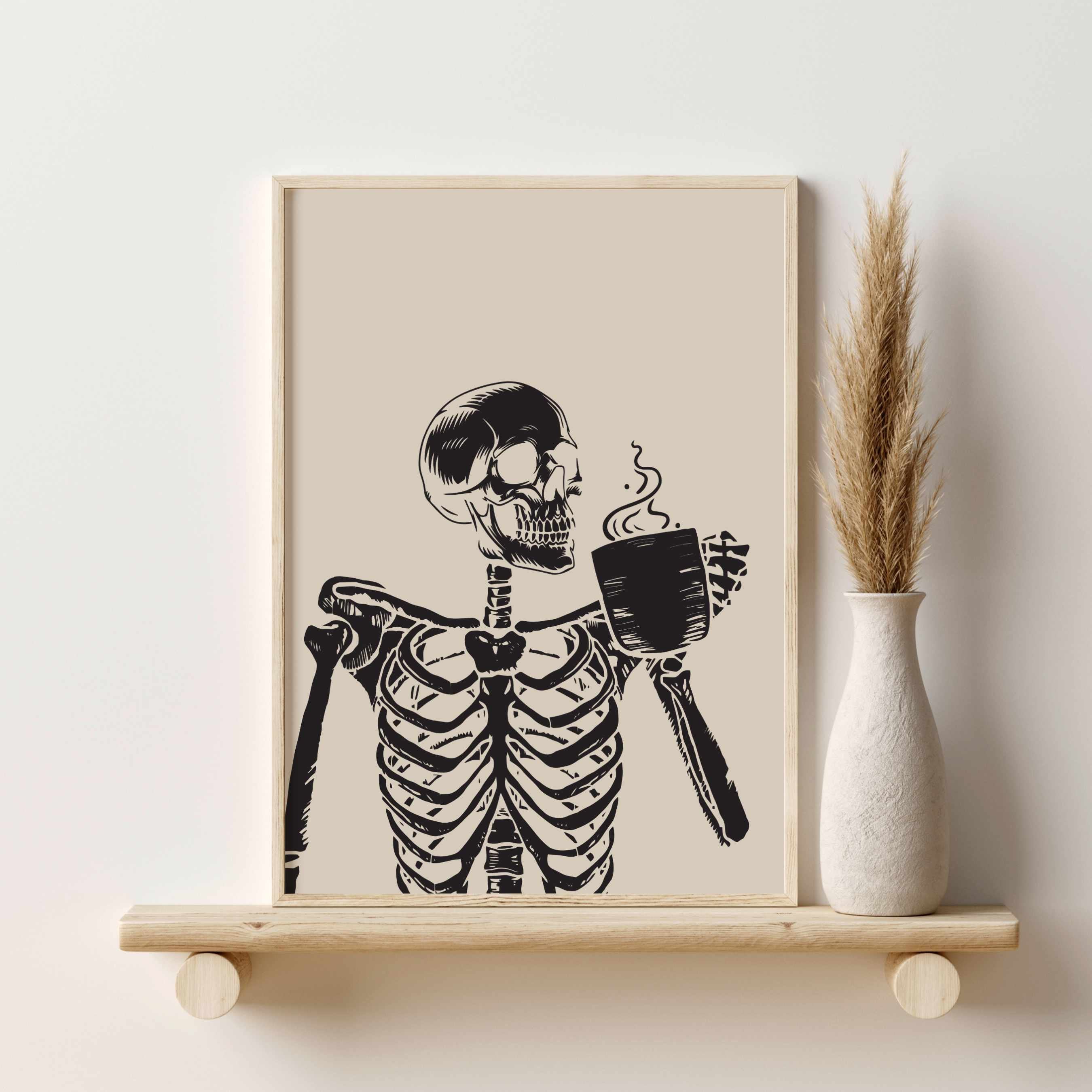 Skeleton Ricking Skeleton Drinking Coffee Halloween Decor, Skeleton Coffee Print ...