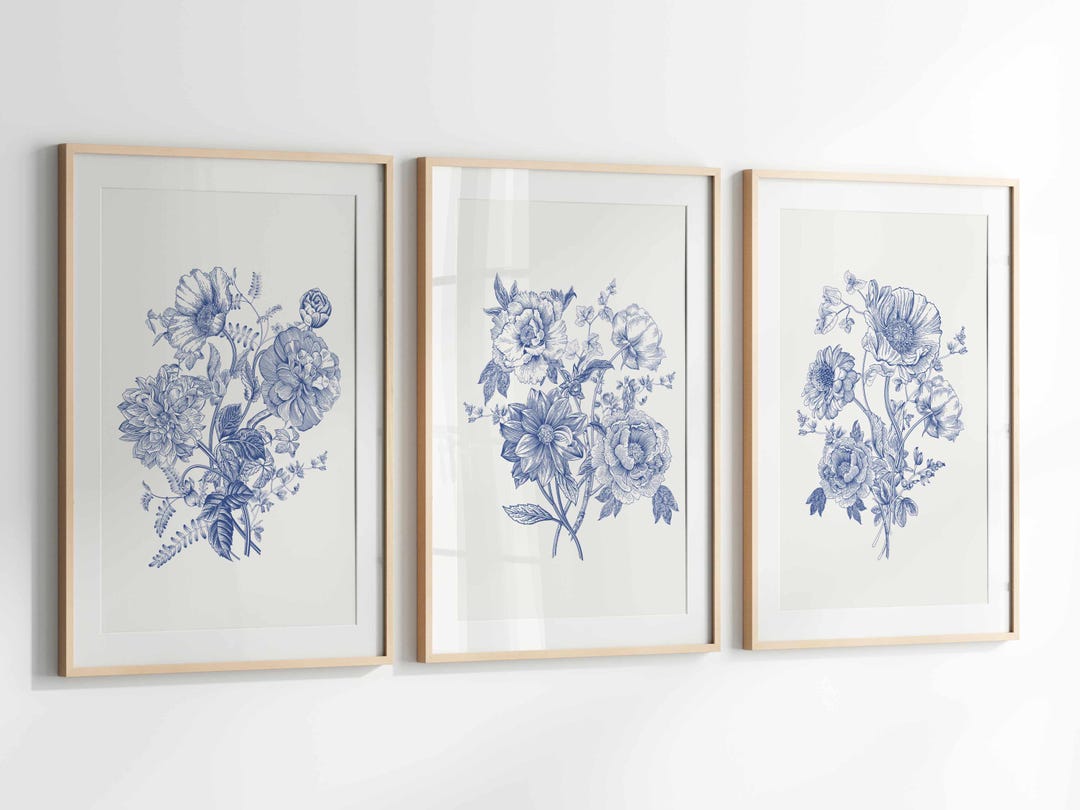 Blue Chinoiserie Floral Print Set: Botanical Wall Art (digital Download ...