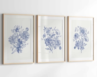 Set di stampe floreali Chinoiserie blu: arte murale botanica (download digitale)