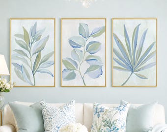 Blue Botanical Wall Art Set of 3, Leaf Printable Art, Coastal Wall Decor, Organic Modern Prints
