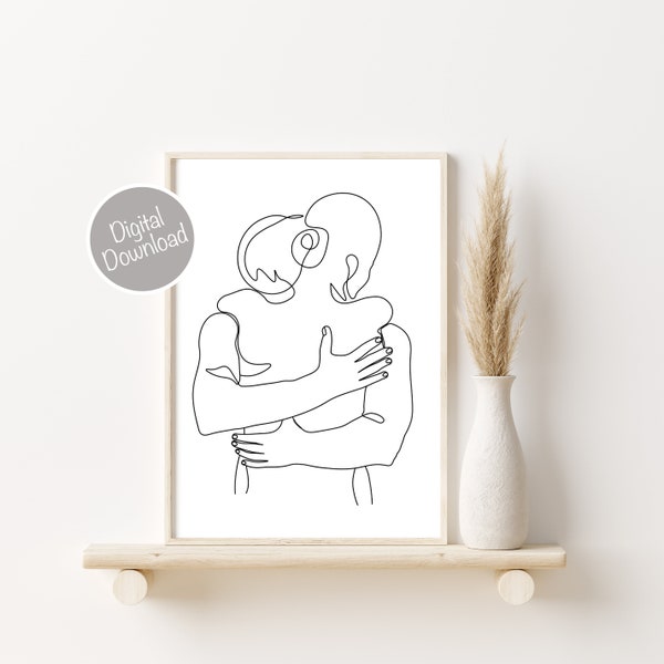 Abstract Couple Line Art, Romantic Poster, Couple One Line Drawing, Love Wall Art, Love Print, Anniversary Gift, Minimal Line Art Printable