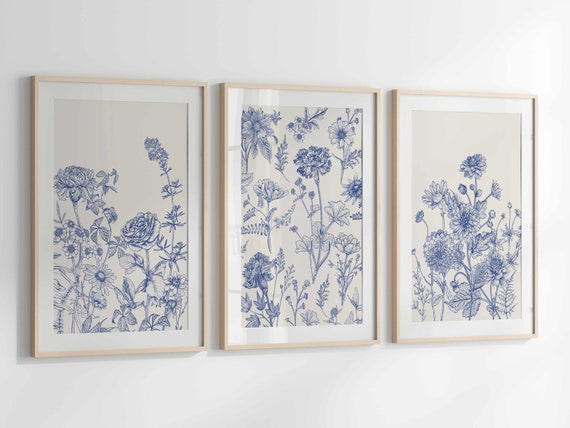Blue Botanical Wall Art Chinoiserie Wall Art, 3 Piece Wall Decor Minimalist Wall Art, Botanical Print Set, Printable Wall Art Digital Art