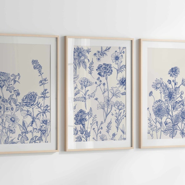 Blue Botanical Wall Art Chinoiserie Wall Art, 3 Piece Wall Decor Minimalist Wall Art, Botanical Print Set, Printable Wall Art Digital Art