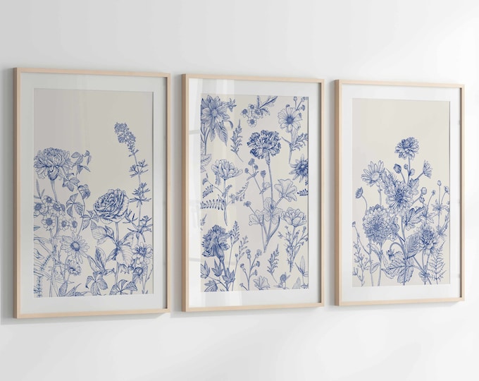 Blue Botanical Wall Art Chinoiserie Wall Art, 3 Piece Wall Decor ...