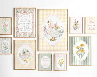 Vintage Goose Nursery Wall Art Set of 16, Gingham Floral Printable Decor, Pink Yellow Prints for Kids Room, Countryside Nursery Download