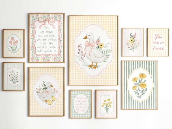 Vintage Goose Nursery Wall Art Set of 16, Gingham Floral Printable Decor, Pink Yellow Prints for Kids Room, Countryside Nursery Download