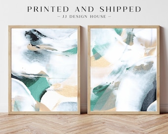 Printed Green Wall Art, Abstract Art Print Set of 2, White Green Abstract Wall Art, Abstract Painting, Green Wall Decor
