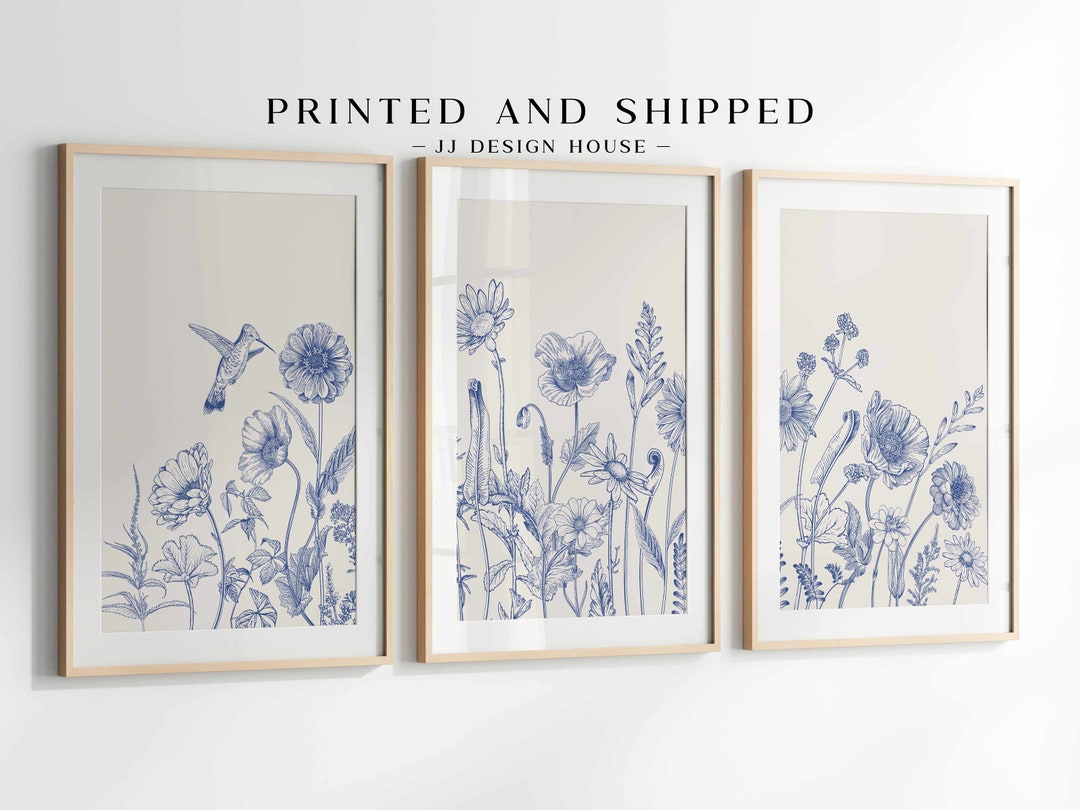 Chinoiserie Wall Art Blue Botanical Printed Wall Art , 3 Piece Wall ...